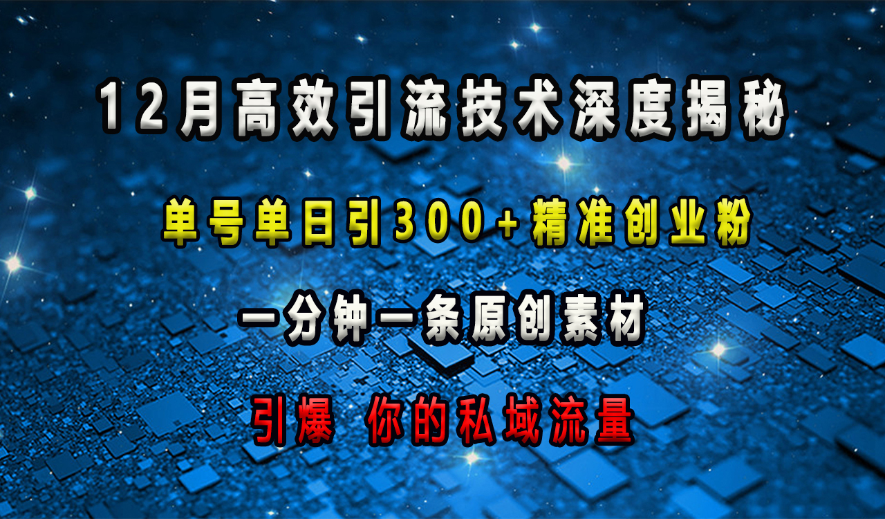 12月高效引流技术深度揭秘 ，单号单日引300+精准创业粉，一分钟一条原创素材，引爆你的私域流量汇创项目库-网创项目资源站-副业项目-创业项目-搞钱项目汇创项目库